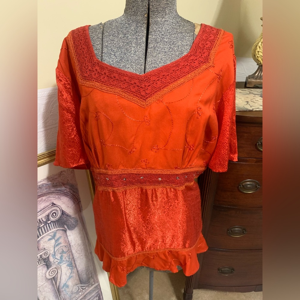 Studio 1940 Blouse Plus Size 14 / 16W Amber Orange Embroidered Satin Sleeve NEW